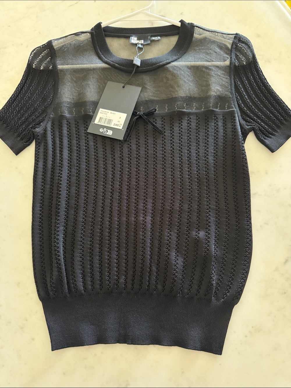 The Kooples Black Sheer-Yoke Knit Short Sleeve Top